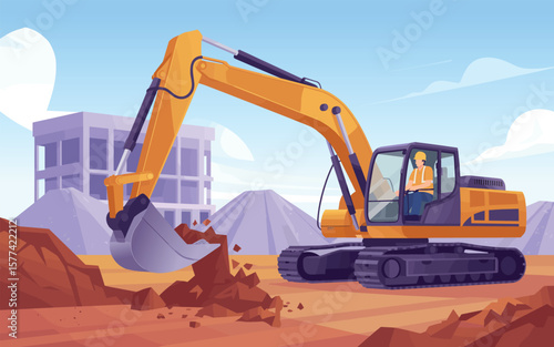 Flat vector Illustration of Yellow excavator with operator digging dirt at a construction site with unfinished building