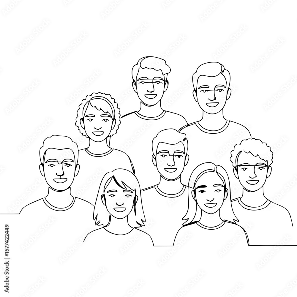 Fototapeta premium Diverse group of people smiling together in a line drawing 