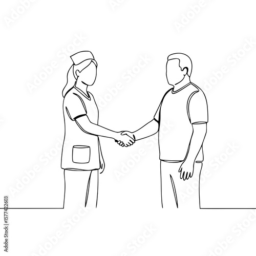 Nurse and patient shaking hands in minimalist line art style  