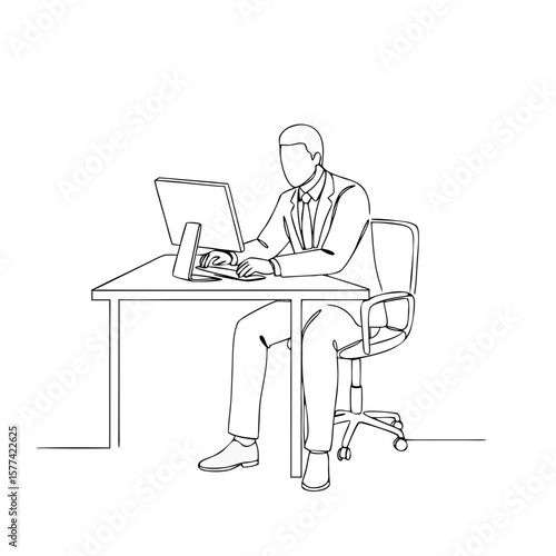 Businessman working at desk with laptop in minimalistic design  