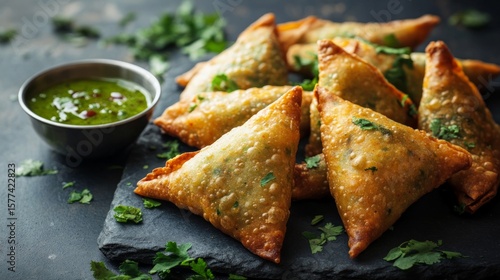 Delicious Indian Samosas Served with Fresh Chutney on a Slate Plate