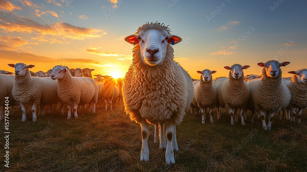 Fototapeta premium A flock of sheep at sunset