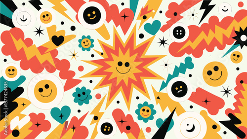 Retro cartoon background with smiley faces hearts lightning bolts and abstract shapes scattered randomly around