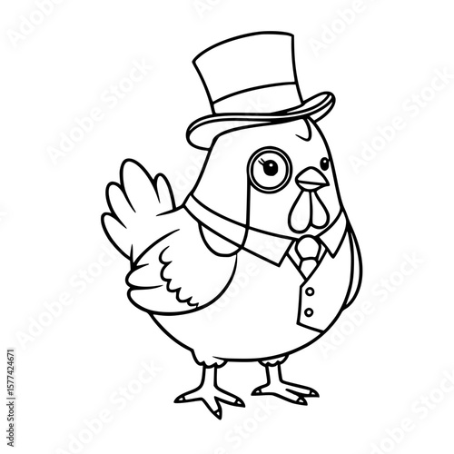 Funny Chicken in Costume Cartoon Character Black and White Line Drawing