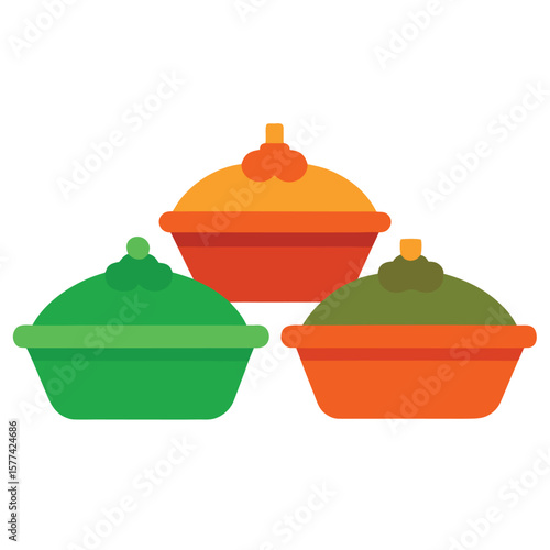 Vibrant flat illustration showcasing three distinct casserole dishes in a cheerful colorful arrangement perfect for culinary themes