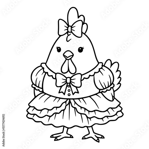 Funny Chicken in Costume Cartoon Character Black and White Line Drawing