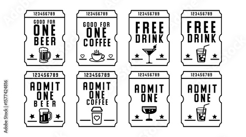 Set of free drink tickets. Black and white tickets. EPS 10