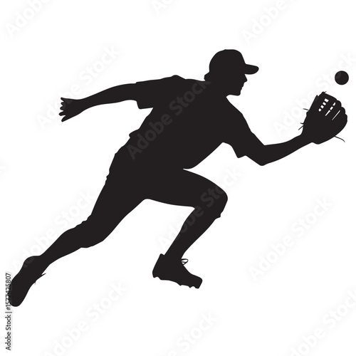 Silhouette of a baseball player in a cap running to catch a ball with a glove