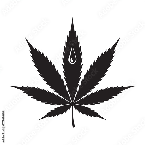 Black silhouette of a cannabis leaf with a single drop of liquid on a white background