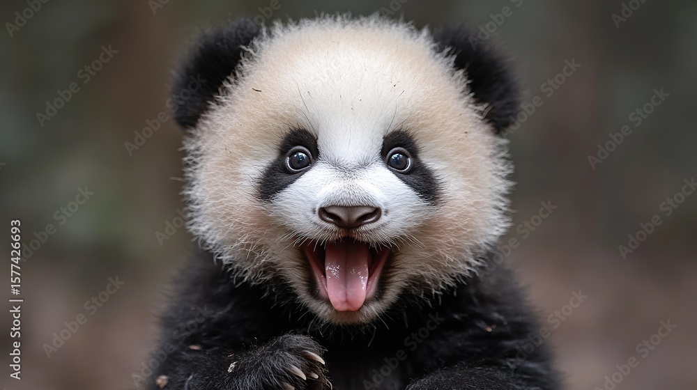 Obraz premium A joyful panda cub with an open mouth