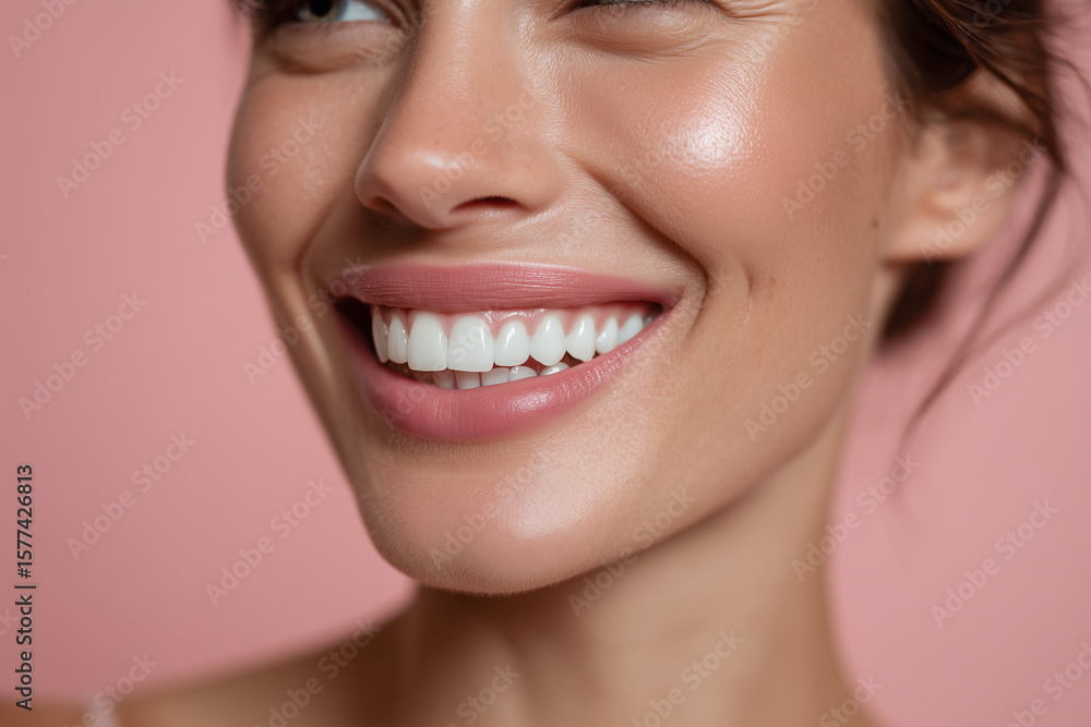 Obraz premium Close-up of a beautiful woman smiling with perfect white teeth on a soft pink background