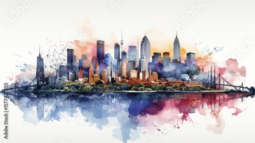 Artistic Watercolor City Skyline with a Dreamy Effect
