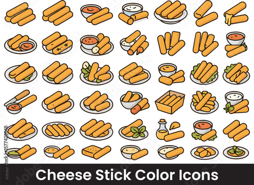 Collection of Mozzarella Stick, Fried Cheese, and Dipping Sauce Icons