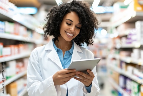 Smiling pharmacist using digital tablet in drugstore aisle