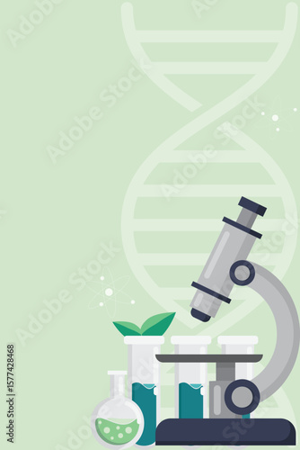 Green Laboratory banner background vector flat design. Microscope test tube DNA and plant science icon with copy space in concept of biotechnology or biochemistry for science medical research.