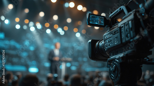 A professional video camera records a presentation or event, focusing on detail and clarity.