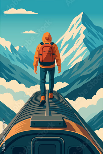  A traveler on the roof of a train in the mountains.
A man in an orange jacket with a backpack on his shoulders walks along the roof of a moving train among snow-capped mountains and clouds.