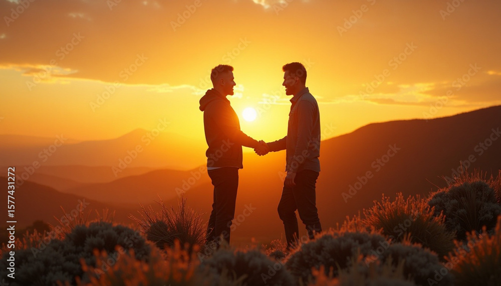 Partners celebrating success with a handshake on a mountain peak at beautiful golden hour Partners celebrating success with a handshake on a mountain peak at beautiful golden hour