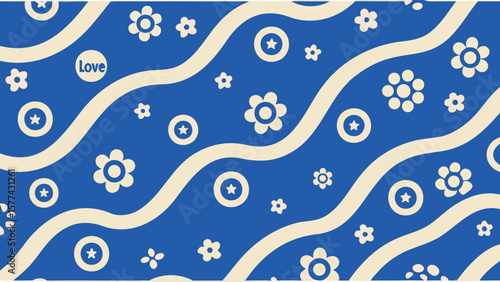 Blue background with wavy lines flowers stars and a circle with the word love in the upper left corner