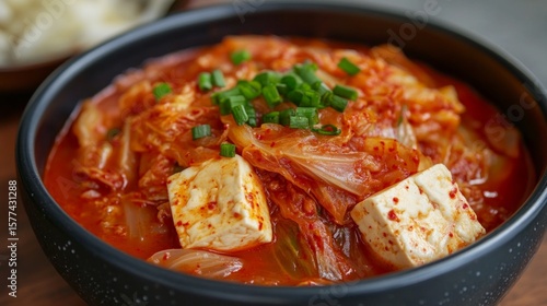Korean Kimchi Stew in Black Bowl with Green Onions and Tofu