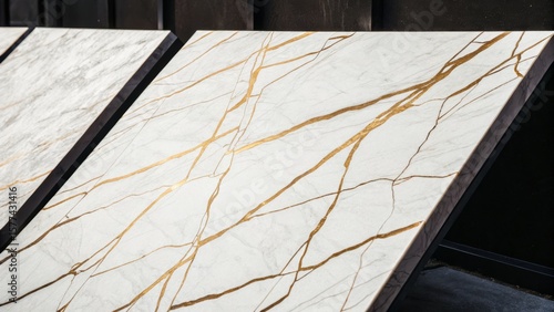Polished white marble slabs with natural gold and brown veining displayed in a showroom setting.