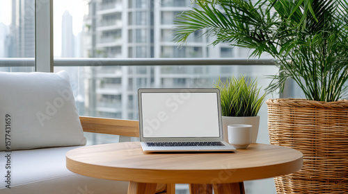 Wallpaper Mural Modern workspace setup balcony with greenery and city skyline backdrop, creating serene Torontodigital.ca