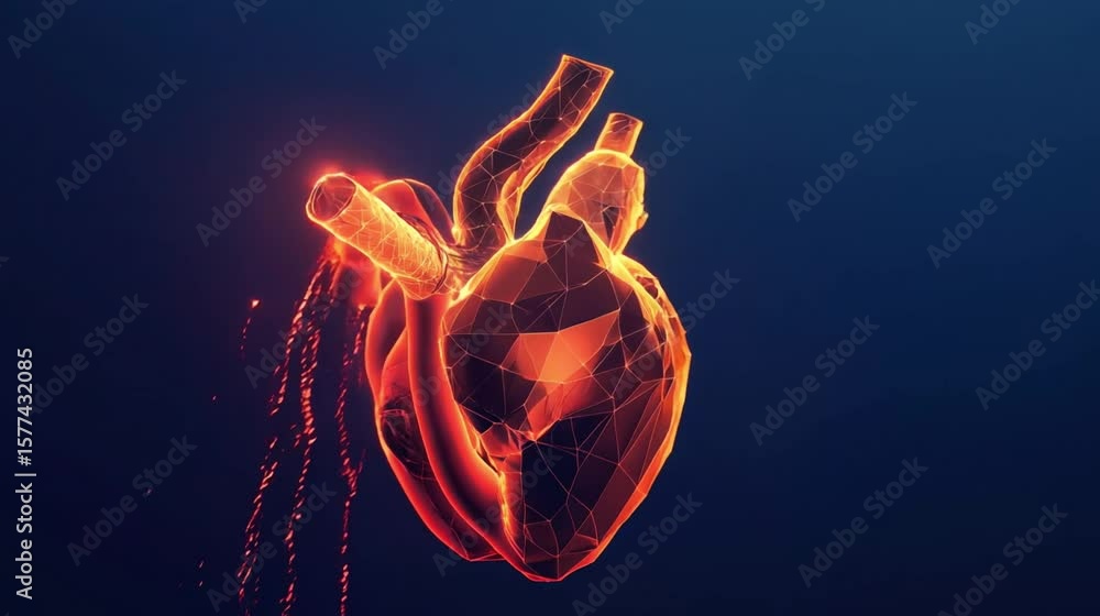 3D model of human heart with golden glowing veins, black background