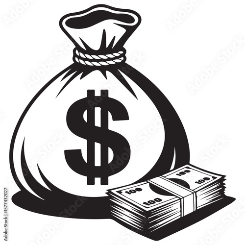 Stylized black and white illustration of a money bag with a dollar sign and a stack of hundred dollar bills
