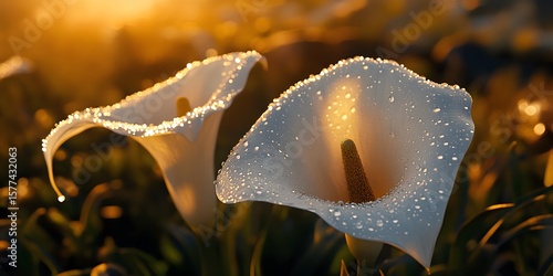White Calla Lily Flowers with Dew Drops at Sunrise – Macro Floral Photography, Morning Light, Nature Beauty, Fresh Bloom Elegance