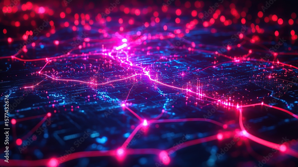 Obraz premium Abstract city map visualization with vibrant glowing transportation network