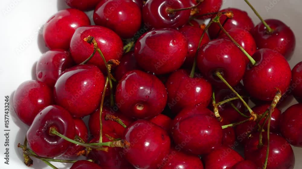 Ripe cherries on a plate close-up.
Ripe and washed cherries or cherries lie on a white plate with daylight Ripe cherries on a plate close-up.
Ripe and washed cherries or cherries lie on a white plate with daylight
