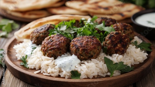Delicious Turkish Koftes with Rice and Fresh Herbs on Plate
