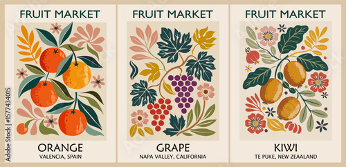 Set of retro Fruit Market posters in Mid Century Modern style featuring kiwi from Te Puke, oranges from Valencia, and grapes from Napa Valley. Vintage colorful wall art designs