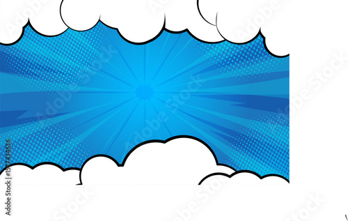 blue comic background with lines halftone, Blue Comic Cloud Burst Background with Halftone Rays and Pop Art Style