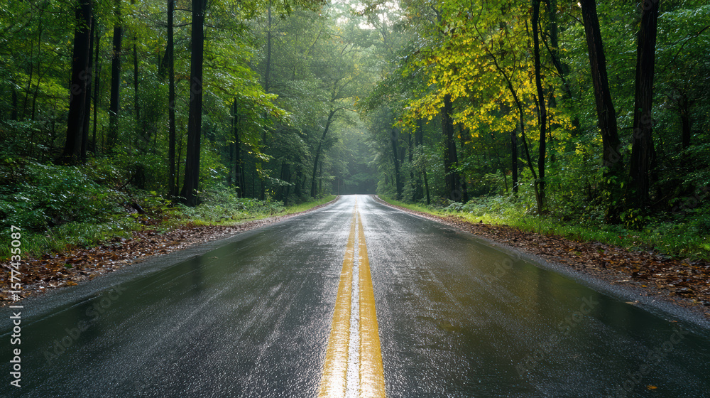 Fototapeta premium Serene road surrounded by lush green trees, glistening after rain, invites exploration