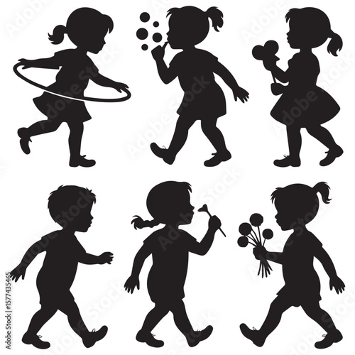 Set of six black silhouettes of children engaged in various playful activities on a white background