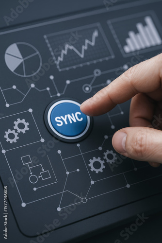 A initiates synchronization on a digital interface surrounded by data graphs and process icons representing connected systems and workflow integration