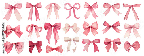Watercolor pink ribbon bows set. Valentine day, baby shower, birthday, wedding decoration vector design