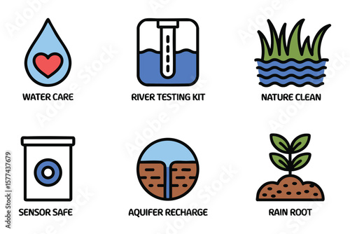 Water Cycle Icons: Illustrations of Rain, Groundwater, Irrigation, and Plant Growth