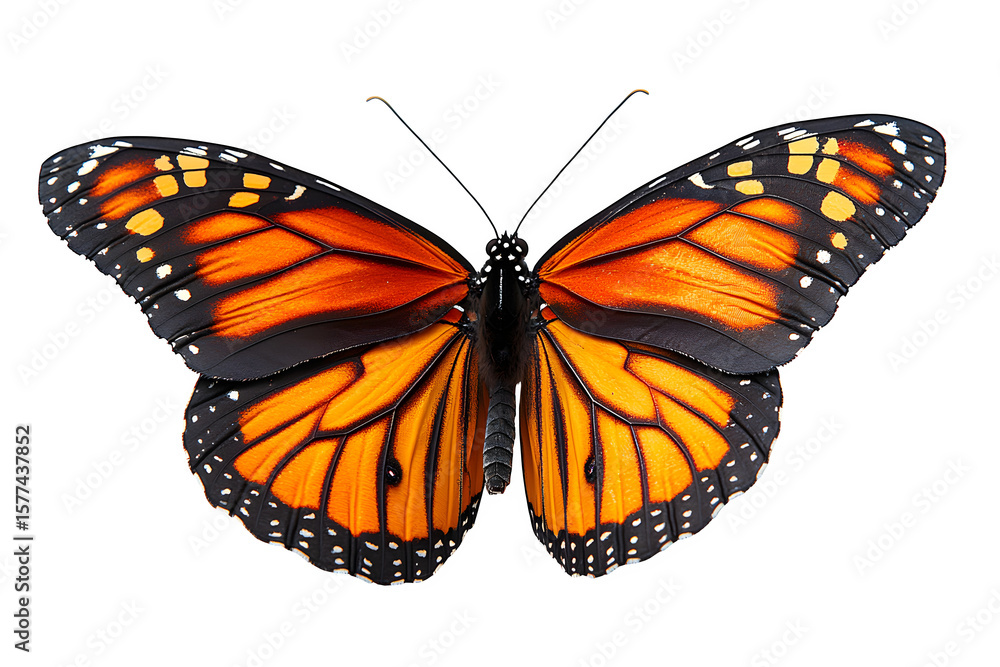 Fototapeta premium An orange-colored monarch butterfly, Danaus plexippus, sitting with wings closed, isolated on white background
