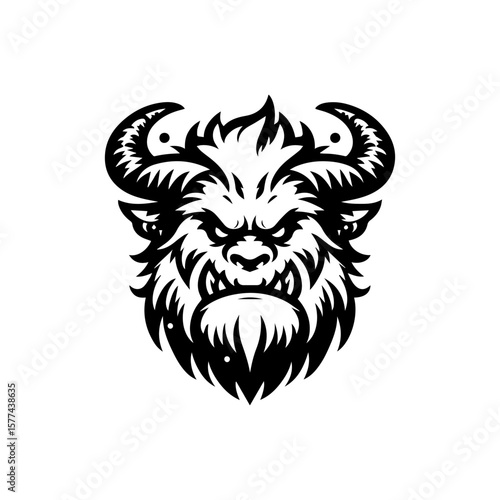 Fierce Black and White Stylized Minotaur Head Illustration.