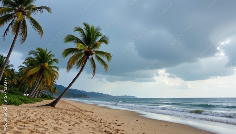 Obraz premium light rain falls over a tropical beach with swaying palm trees, wet sand