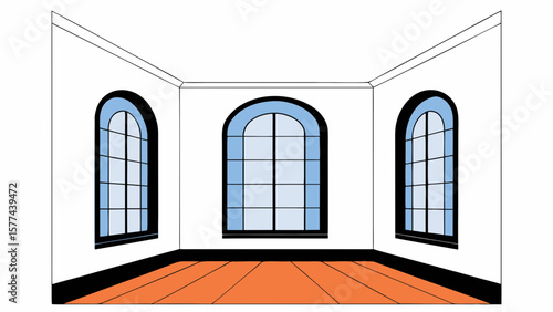 Empty Room Interior – White Room with Arched Windows Illustration