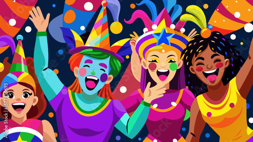 Group of diverse people celebrating with colorful costumes and festive hats in a vibrant atmosphere