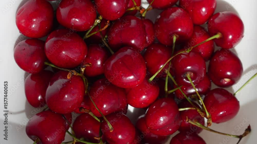 Ripe cherry close-up on the table.
Appetizing red cherry just picked from the tree Ripe cherry close-up on the table.
Appetizing red cherry just picked from the tree