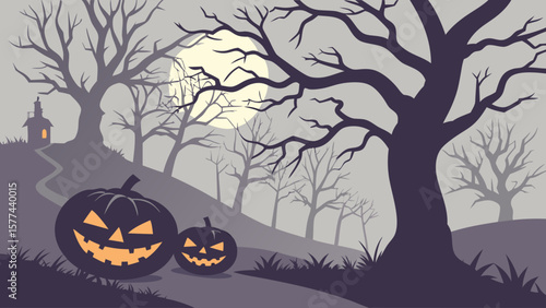 Halloween night scene with pumpkins, spooky trees and a haunted house under the moonlight glow