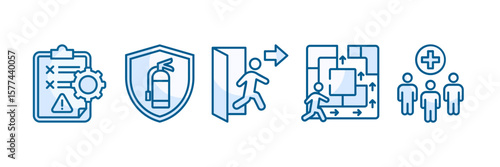 Disaster Management Icon Set Multiple Style Collection, Containing design Risk Management, Fire Extinguisher, Emergency Exit, Evacuation Plan, Emergency Response Team