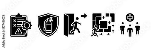 Disaster Management Icon Set Multiple Style Collection, Containing design Risk Management, Fire Extinguisher, Emergency Exit, Evacuation Plan, Emergency Response Team
