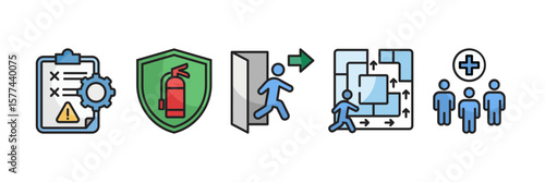Disaster Management Icon Set Multiple Style Collection, Containing design Risk Management, Fire Extinguisher, Emergency Exit, Evacuation Plan, Emergency Response Team