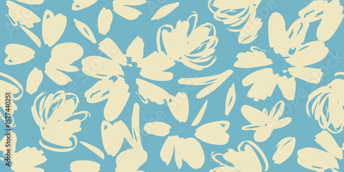 Hand drawn flowers on blue backgrounds, seamless patterns with floral for fabric, textiles, clothing, wrapping paper, cover, banner, interior decor.